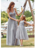Gray Tulle Floral Applique Flower Girl Dress For Wedding